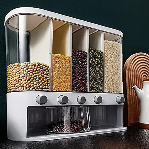 6-Grid Plastic Rice & Dry Grain Dispenser with Dried Fruit Storage Food Storage Container in Carton Packaging