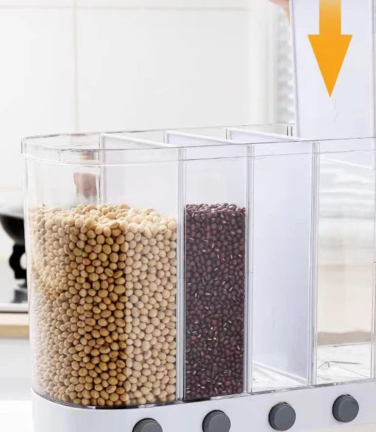 6-Grid Plastic Rice & Dry Grain Dispenser with Dried Fruit Storage Food Storage Container in Carton Packaging