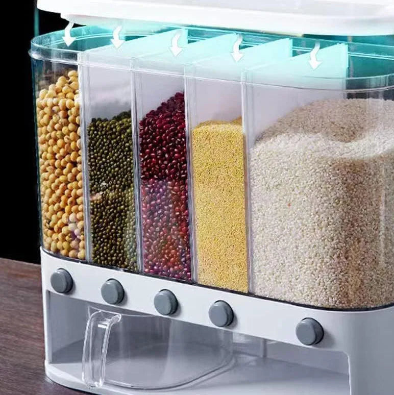 6-Grid Plastic Rice & Dry Grain Dispenser with Dried Fruit Storage Food Storage Container in Carton Packaging